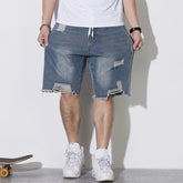 Jeansshorts für Herren mit elastischem Bund und Kordelzug in Übergröße, zerrissene Jeans, knielange Jeans